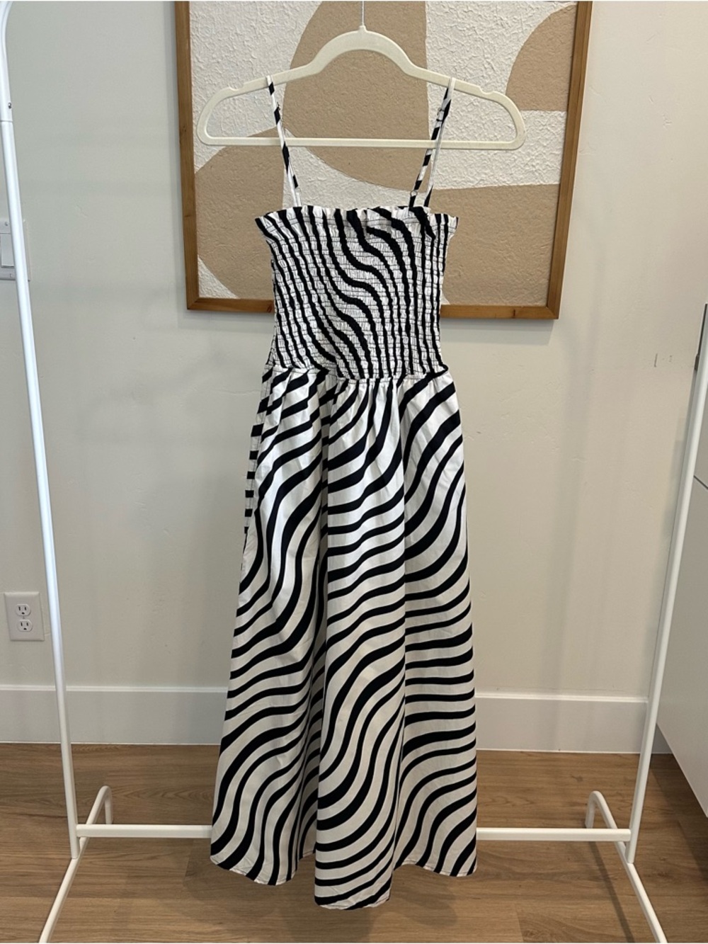 Black & White Striped Midi Dress with Smocked Bodice